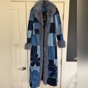 Luv Nation dELiA*s Patchwork Denim Long Coat with Gray Faux Fur Trim